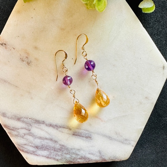 Citrine and Amethyst earrings in 14k gold - Picture 1 of 10